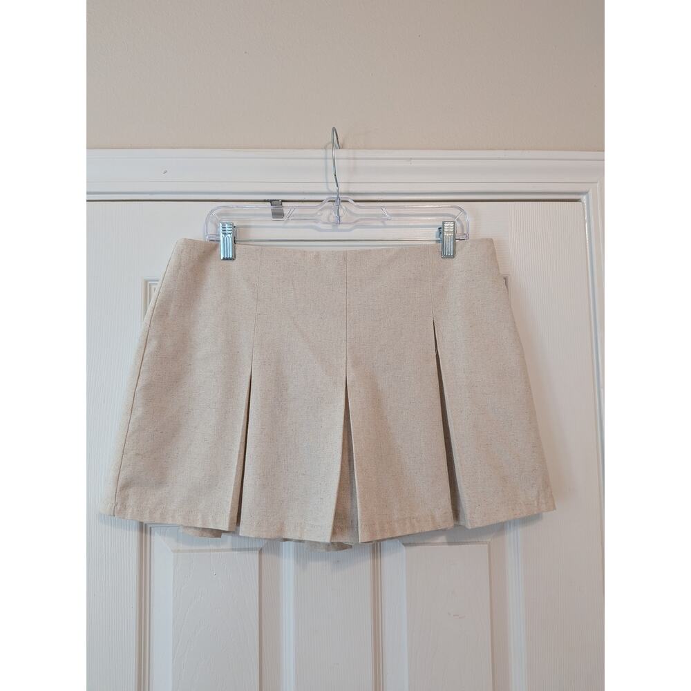 VICI Pleated Mini Skirt Beige Linen Blend High Waist A-Line XL Coastal Cowgirl